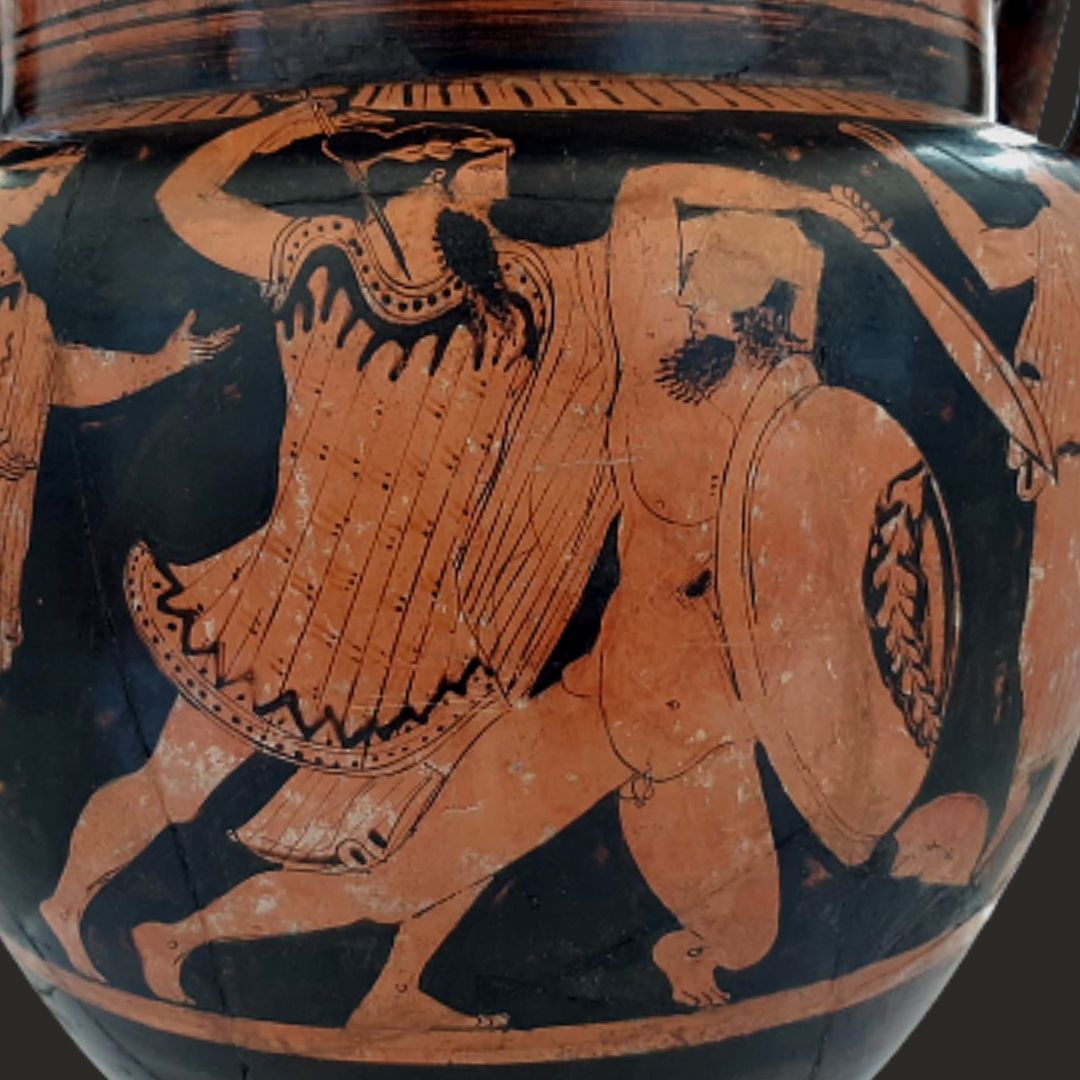 Cratere attico a figure rosse con Gigantomachia, dalla necropoli picena di Numana-Sirolo, 430-420 a.C.